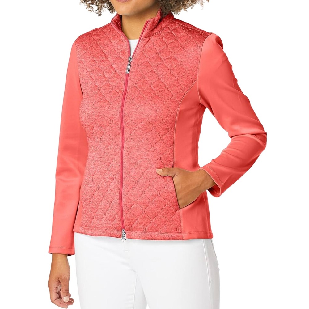 Greg‎ Norman Quilted Knit Essential Women Jacket Large Coral 2-Way Zip UPF 50